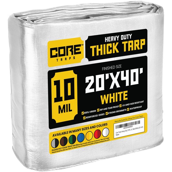 Core Tarps 40 ft L x 0.5 mm H x 20 ft W Heavy Duty 10 Mil Tarp, White, Polyethylene CT-604-20X40